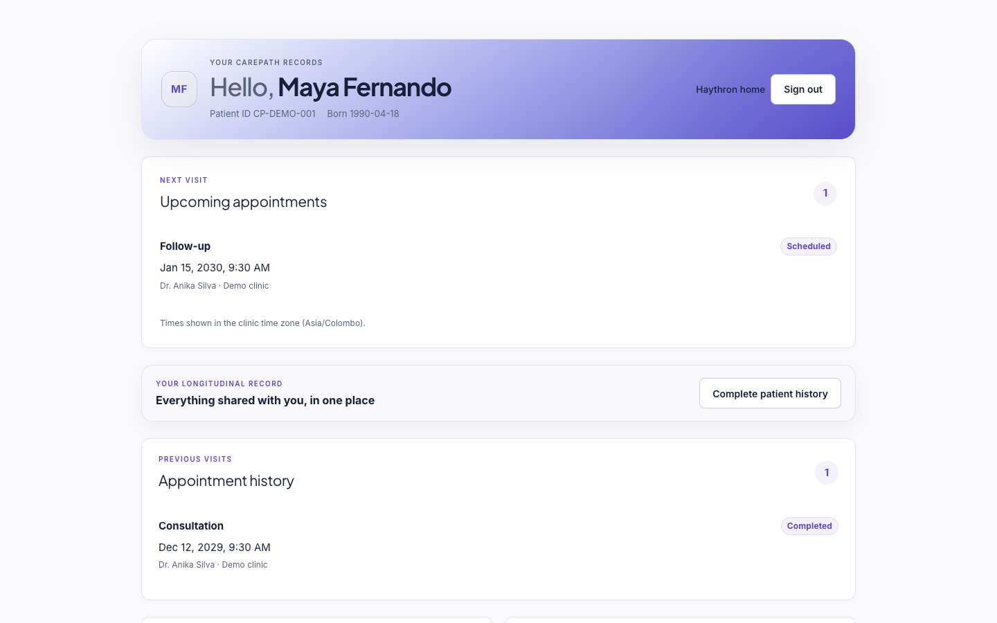 Patient portal workspace screenshot. Actual CarePath interface with fictional example data